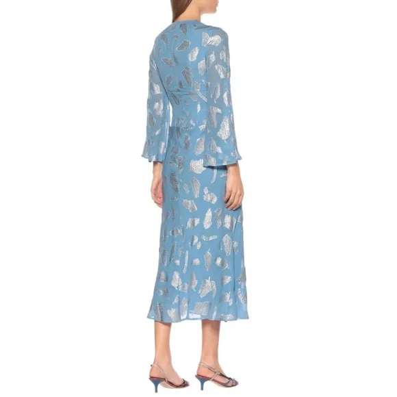 RIXO London Indra Long Bell Sleeve Metallic Print Midi Maxi Dress in Blue - Picture 3 of 14